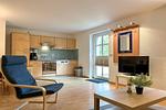 Wohnzimmer mit Sessel und TV - Souterrain Wohnung 07 - Top-Hundeurlaub