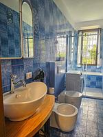 blau gefliestes Badezimmer mit großer ebenerdiger Dusche mit Sitzmöglichkeit  und Waschmaschine - Appartment I Giardino - Top-Hundeurlaub