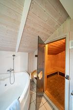 Badezimmer mit Blick in die Sauna - Ferienhaus Boldixum - Top-Hundeurlaub