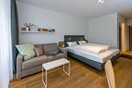 Wohn-Ess-Schlafbereich mit Doppelbett und Sofa - Deichhäuser Anna Küste 7-12 - Top-Hundeurlaub
