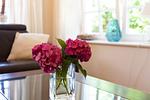 Einladender Wohnbereich mit Glastisch und Blumen - Künstlerhaus Rosenthal 01 - Top-Hundeurlaub