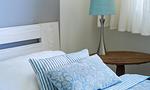 Schlafzimmer mit weißem Bett und blauen Kissen - Hof Zeesenblick 04 - Top-Hundeurlaub