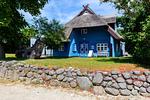 Außenansicht eines blauen Gebäudes mit Reetdach - Muschel 3 - Top-Hundeurlaub