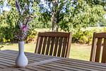 Terrasse mit Tisch und Blumenvase - Boddenzauber 01 - Top-Hundeurlaub