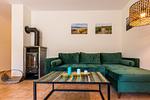 Gemütliches Wohnzimmer mit Kamin und grünem Sofa - Haus Ostseenixe 02 - Top-Hundeurlaub