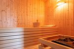 Sauna mit Holzvertäfelung und gemütlichen Bänken - OstseeSchnäpel - Top-Hundeurlaub