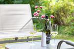 Terrasse mit Tisch, Weingläsern und Blumen - Boddenräuber 1 - Top-Hundeurlaub
