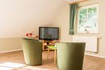 Helles Wohnzimmer mit zwei Stühlen und Fernseher - Schwinkelsmoor - Top-Hundeurlaub