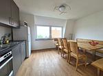 Komplett eingerichtete Küchenzeile mit Herd, Backofen, Dunstabzugshaube und Spülmaschine. Gemütlich sitzt es sich am Bau - Ferienhaus Familien-Idyll Bibertalblick - Top-Hundeurlaub
