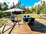 Sonnige Terrasse der Villa Clara in Småland mit Sitzmöbeln und Blick ins grüne Naturgrundstück nahe Blankaholm und Ostse - Villa Clara - Top-Hundeurlaub