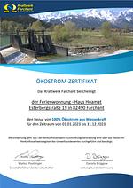 Zertifikat Ökostrom aus 100% Wasserkraft - Haus Hoamat - Bergfeuer - Top-Hundeurlaub