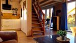 Blick vom Wohnzimmer auf den Kamin und in die Küche - Wildgans 133 - Top-Hundeurlaub