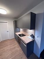 Moderne Küche mit Holzarbeitsplatte und Kühlschrank. - Ferienhaus Leo - Top-Hundeurlaub
