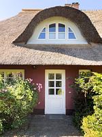 Eingang zum Ferienhaus mit blühendem Garten - Sanddornhus - Top-Hundeurlaub
