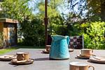 Terrasse mit Tisch und Kaffeetassen - Große Rotbuche - Top-Hundeurlaub