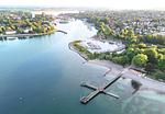Blich auf die Hafeneinfahrt von Neustadt in Holstein - Charmantes Appartement am Hafen mit gratis Bettwäsche-Paket und Terrasse - Top-Hundeurlaub
