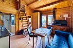 Gemütliches Wohnzimmer im rustikalen Holzblock-Stil des Ferienbungalows Seestern - Ferienwohnung Reimann - Top-Hundeurlaub