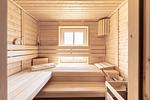 Moderne Holzsauna mit Fenster und Sitzbänken - Windlooper 2 - Top-Hundeurlaub