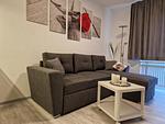 Gemütliches Wohnzimmer mit grauem Sofa und Tisch. - Nautica App A6, Strandallee 65 Haffkrug - Top-Hundeurlaub